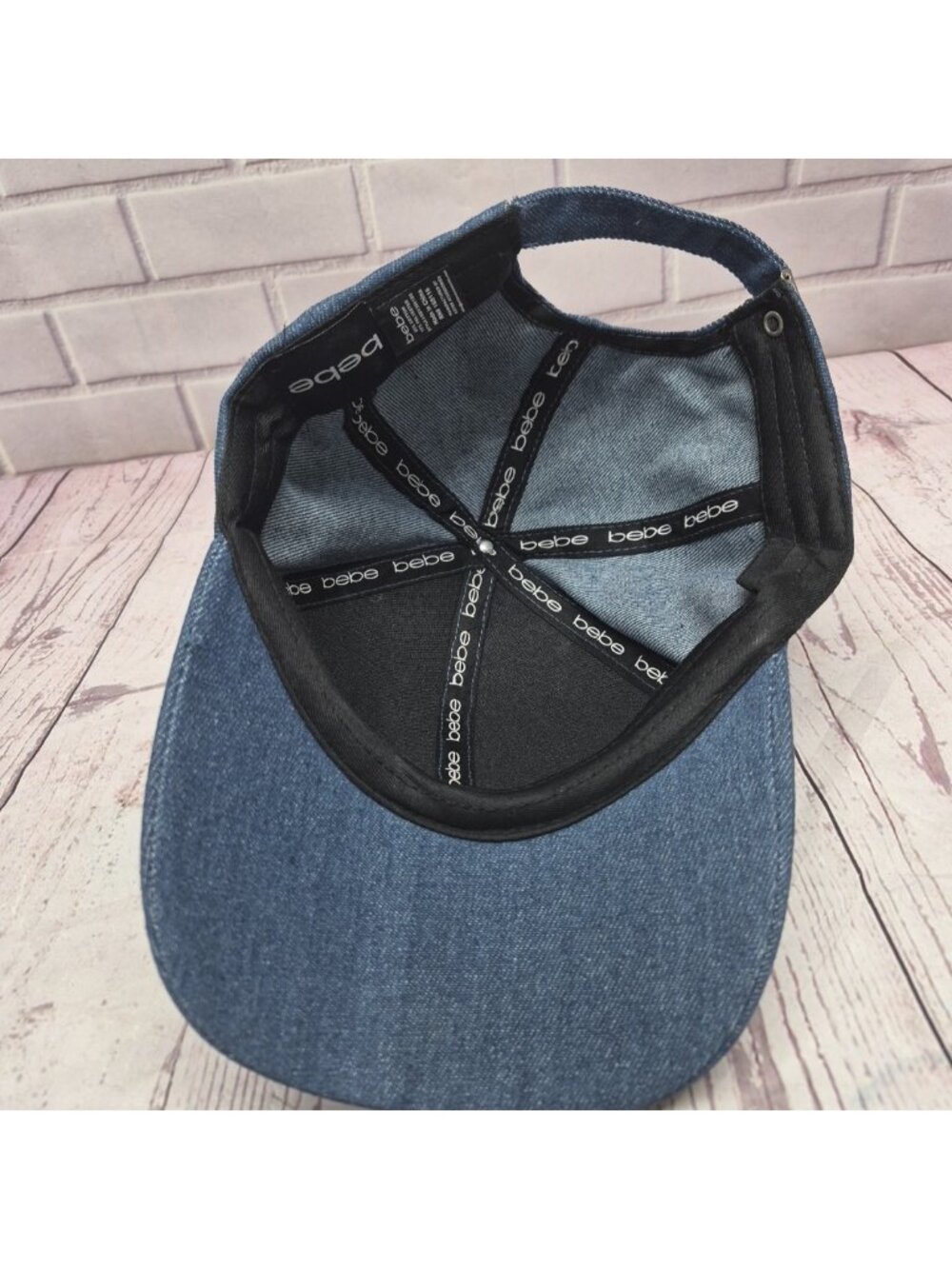 New BEBE Rhinestone Bling Blue Denim Women's Adjustable Hat~Spell Out All Over - Picture 5 of 6